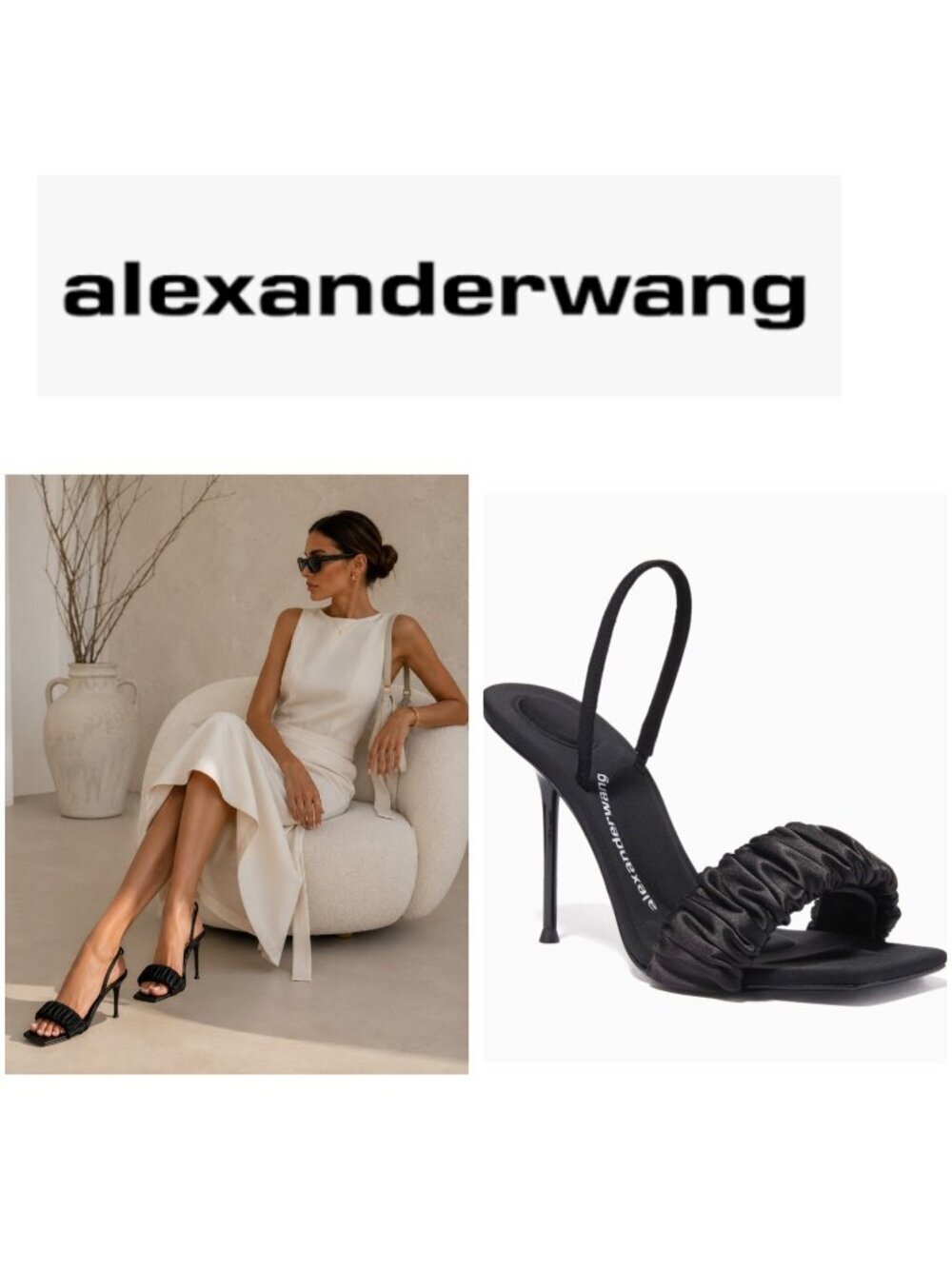Alexander Wang Black Ruched Satin Slingback Heels Sandals Size 37.5 Square Toe